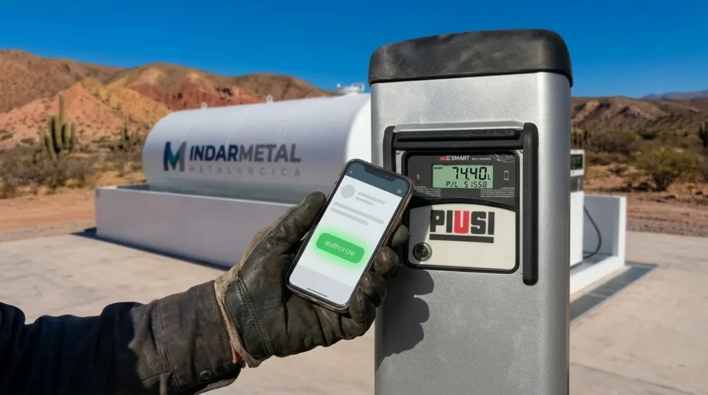 Conductor autoriza la carga de gasoil con la app B.SMART en su celular frente a un surtidor PIUSI Self Service, junto a un tanque de combustible INDARMETAL
