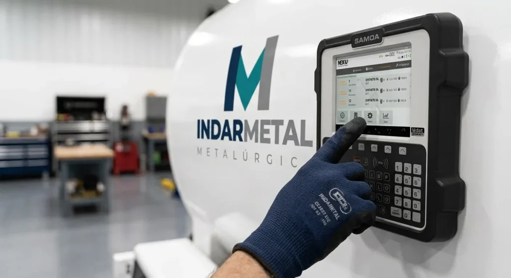 Teclado de acceso NEX·U en tanque de aceite INDARMETAL Técnico identificándose en el teclado de acceso SAMOA NEX·U montado en un tanque de aceite INDARMETAL para el control de lubricantes del taller