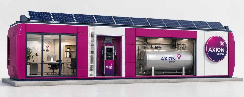 Estación modular de combustible fabricada por INDARMETAL con imagen Axion energy: oficina vidriada, surtidor, tanque de acero y paneles solares